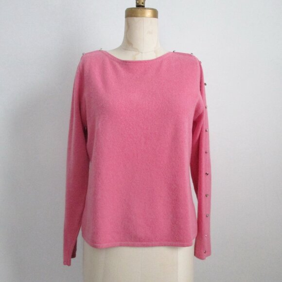Rose Pink Cashmere Sweater Rhinestone Button Detail on Shoulders and Sleeves - Picture 1 of 11